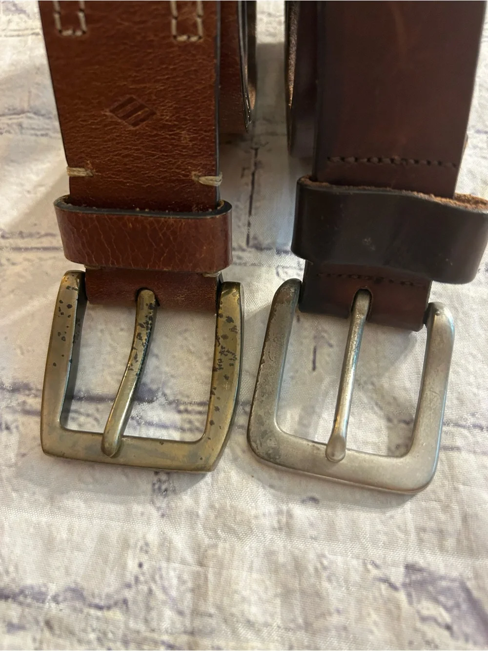 JOSEPH ABBOUD BROWN LEATHER ANTIQUE BUCKLE 36 & RUGGED BROWN RETRO LEATHER BELTS